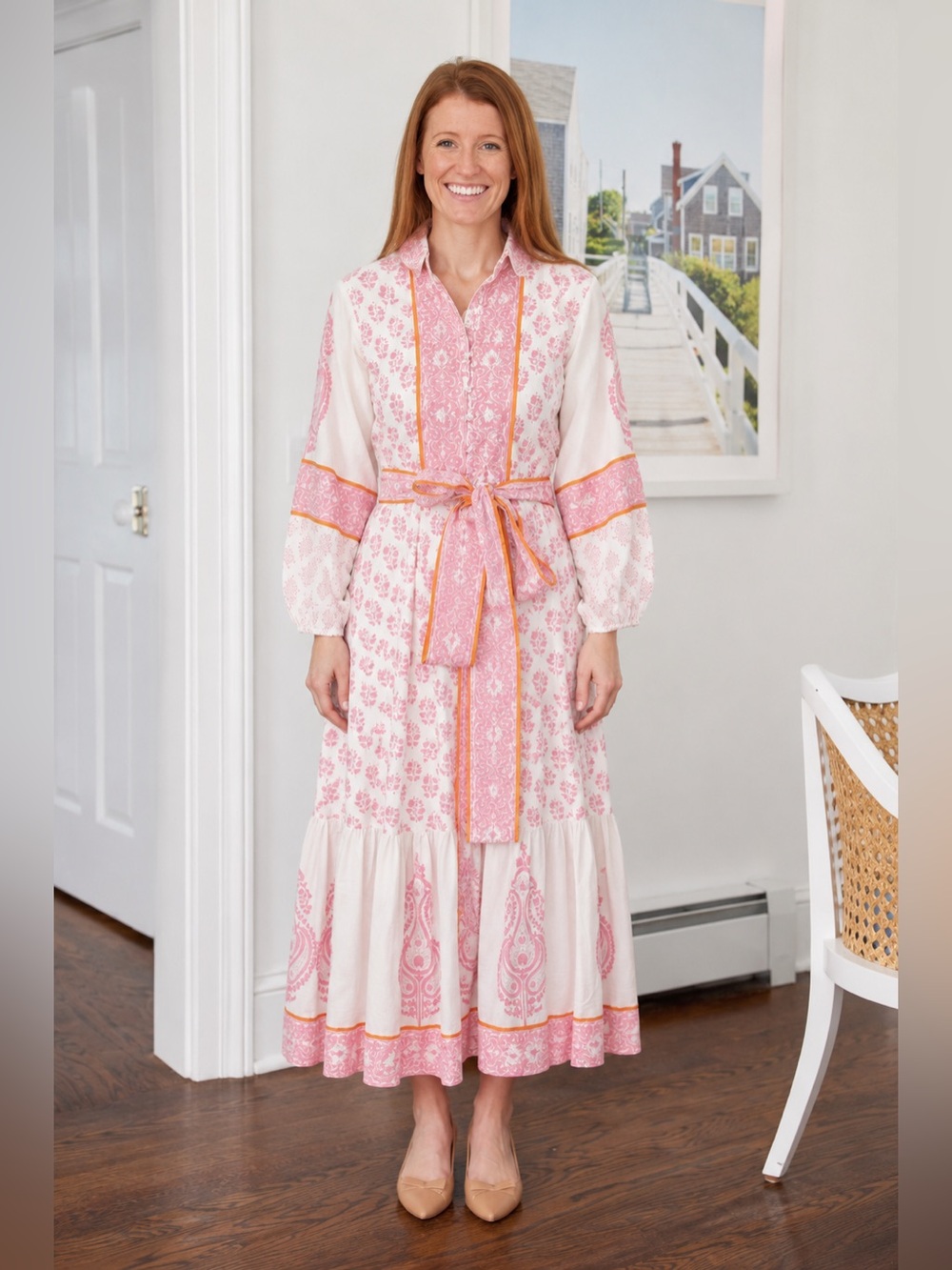 Sue Sartor Flounce Dress in Pastel Pink & Peach Larkspur, Size Small